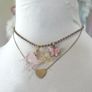 Free People 💗 vintage glass pink deer charm pendant with pink butterfly choker